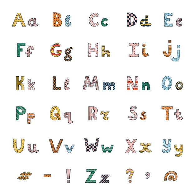 Vector cute funky alphabet set with contrast outline and memphis patterned bold font with comma question exclamation hashtag funny latin abc with uppercase and lowercase letters punctuation mark