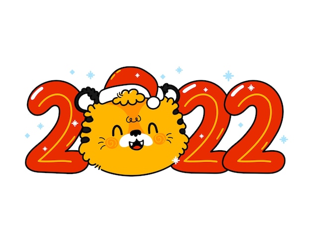 Cute funny 2022 New Year symbol tiger in christmas cap character