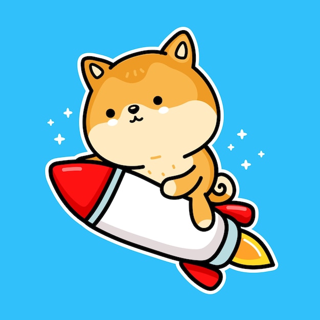 Vettore simpatico e divertente cane akita inu cane dogecoin vola su un razzo. illustrazione disegnata a mano del carattere di kawaii del fumetto di vettore. la valuta cripto, il dogecoin aumenta il concetto di personaggio dei cartoni animati