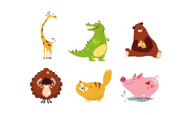 Симпатичные забавные животные устанавливают жирафа, крокодила, медведя, овцу, кошку, свинью, векторную иллюстрацию, изолированную на белом фоне