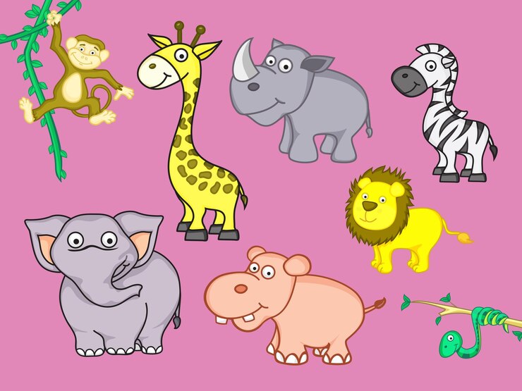 Cute funny animals set including giraffe zebra hippo lion elephant snake monkey and rhinoceros on pink background