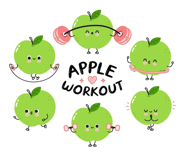 Cute funny apple make gym set collection. vector flat line cartoon kawaii character illustration icon. isolated on white background. apple fruit workout character bundle concept