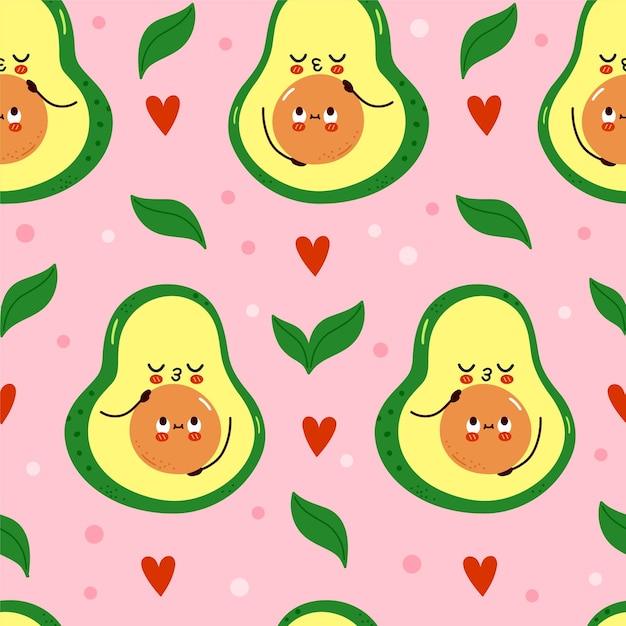 Vector cute funny avocado hugs seamless pattern