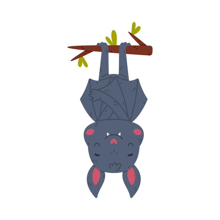 Vector cute funny baby bat character hanging upside down on tree branch halloween symbol cartoon vector illustration