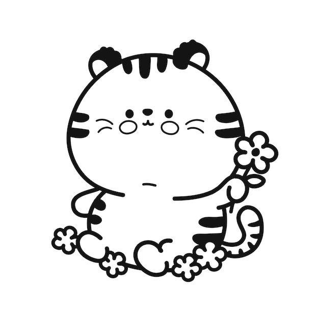 Simpatico tigrotto divertente con pagina di caratteri di fiori per libro da colorare. icona dell'illustrazione del carattere di kawaii del fumetto disegnato a mano di vettore. isolato su sfondo bianco. simpatico cartone animato tigre mascotte concept