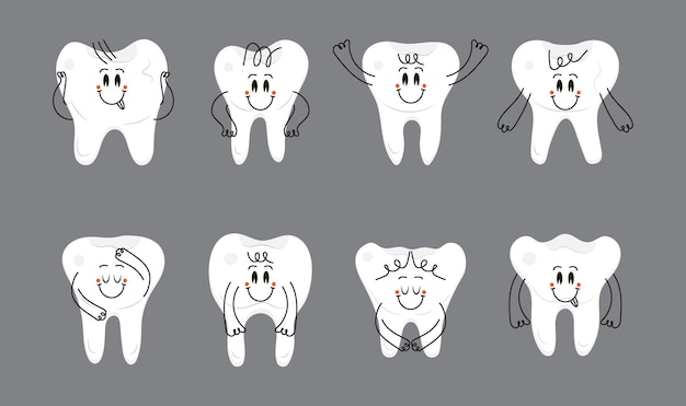 Cute, funny baby tooth set vector. Emoticon teeth with hands