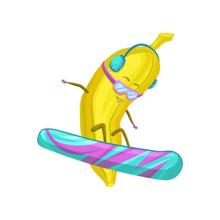 Vector cute funny banana character wearing glasses and headphones snowboarding cartoon vector illustration on a white background