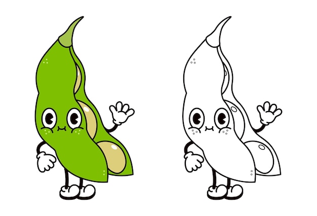 Cute funny beans waving hand character outline cartoon illustration for coloring book