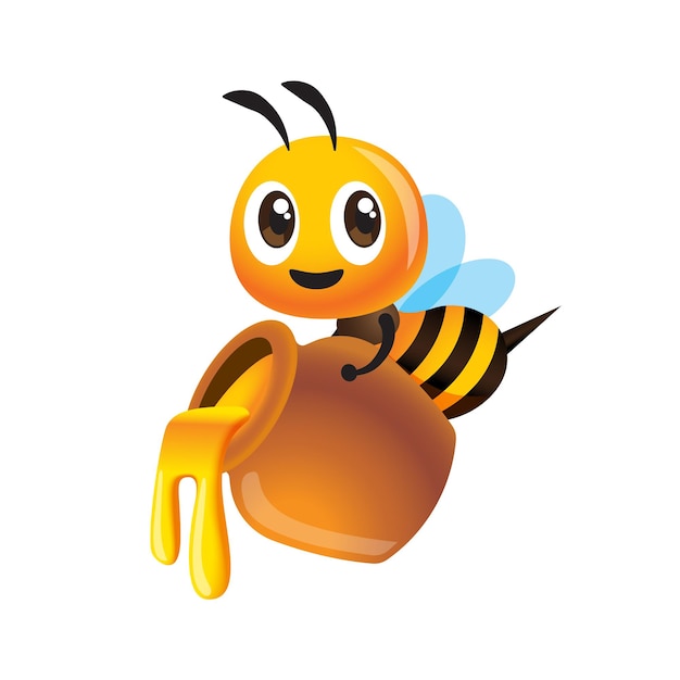 Cute funny bee flying and carrying a honey pot with honey dripping out