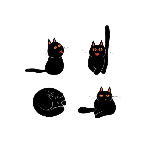 Cute and funny black cats set in different poses and emotions Cartoon kitten characters design