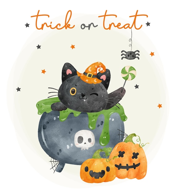 Carino divertente gattino nero gatto in calderone pot halloween watrcolor carattere animale illustrazione vettoriale