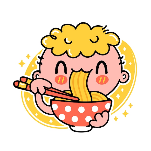 Cute funny boy eat noodles from bowl
