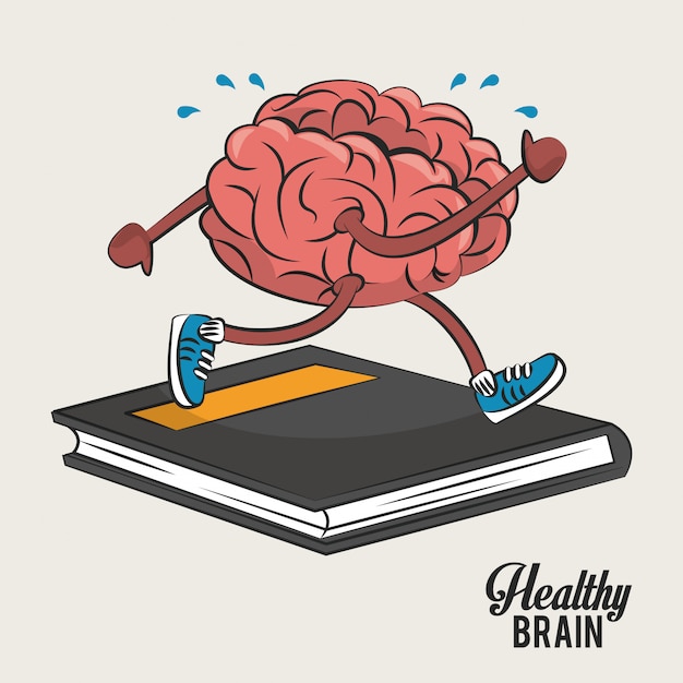 Vector cute and funny brain over books cartoon