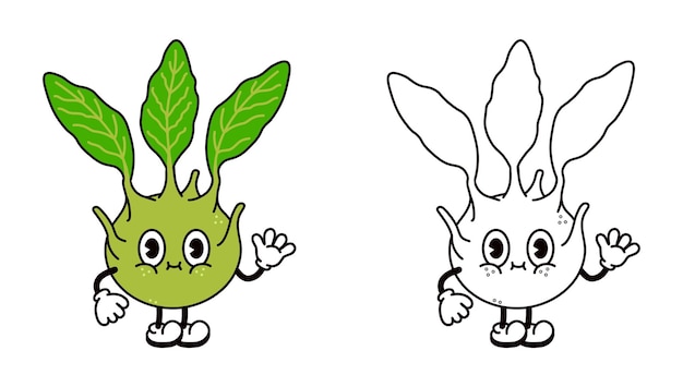 Cute funny brussels sprouts waving hand character outline cartoon illustration for coloring book