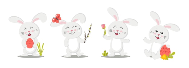 Cute funny bunnies on the theme of happy Easter  Rabbits with eggs and willow  Vector illustration