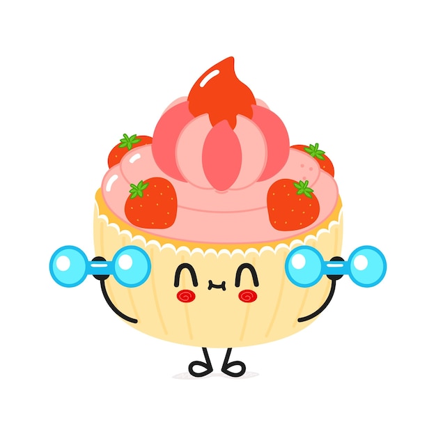 Cute funny cake character with dumbbells