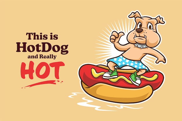 Vettore carino e divertente cartone animato bulldog in sella a un hotdog