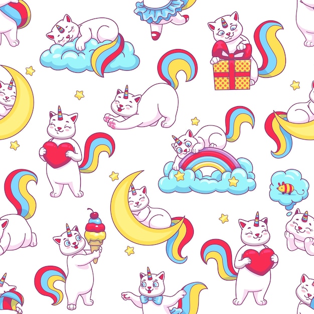 Cute funny cartoon caticorn seamless pattern of cat unicorn and rainbow vector background Happy caticorn pattern of kitty unicorn characters or kitten baby in magic dream of princess with love heart