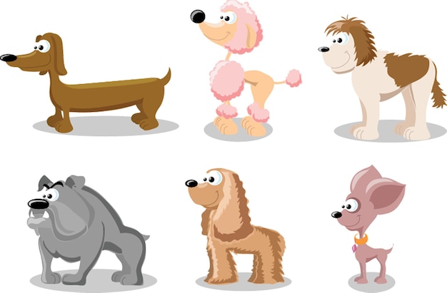 Симпатичные забавные мультяшные собаки векторные щенки домашние персонажи разные хлеба собачьи иллюстрации Друзья человека домашние животные