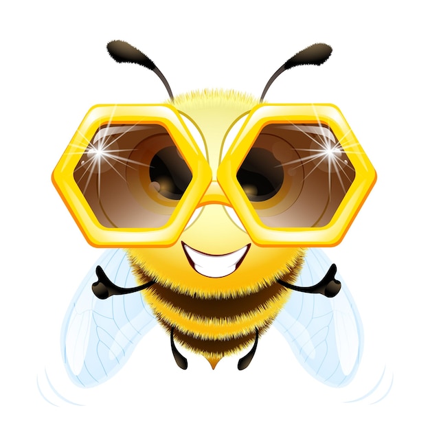 Cute funny cartoon fluffy bee character with yellow honeycomb shape sunglasses and like hands