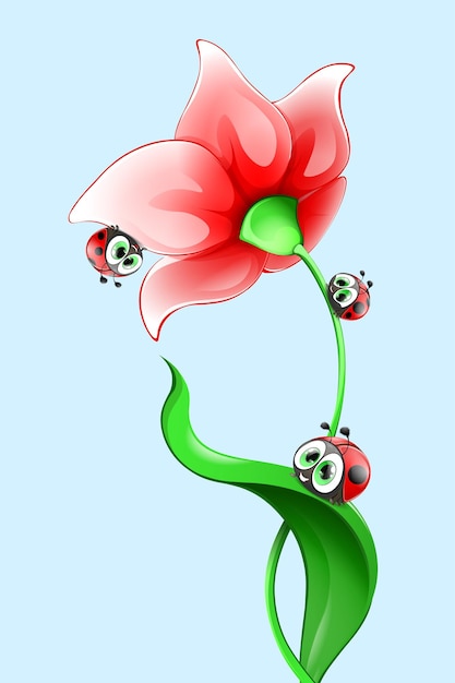 벡터 꽃에 앉아 귀여운 재미 있는 만화 무당벌레