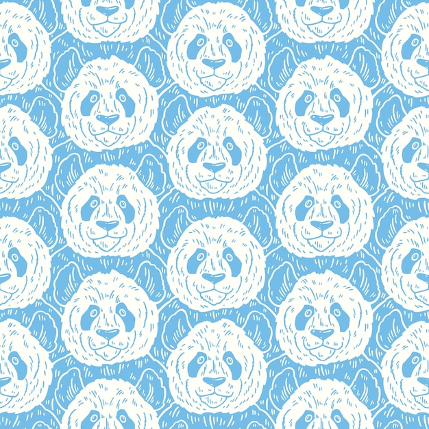 Cute funny cartoon panda seamless pattern Vector illustration hand drawn in lines Trendy doodle background