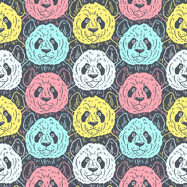 Милый смешной мультяшный панда бесшовный узор Векторная иллюстрация рисованная линиями Модный фон каракулей