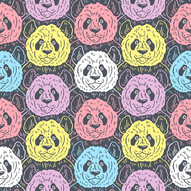 Cute funny cartoon panda seamless pattern Vector illustration hand drawn in lines Trendy doodle background