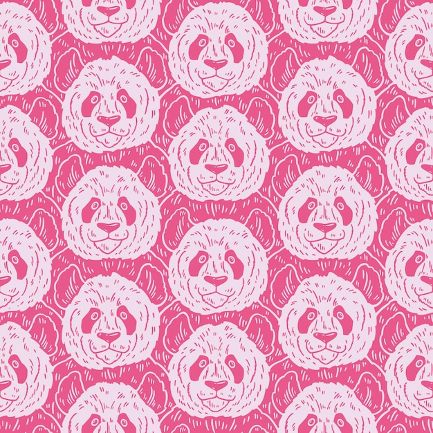 Cute funny cartoon panda seamless pattern Vector illustration hand drawn in lines Trendy doodle background