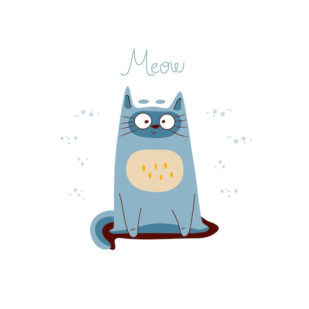 Vector cute funny cat is sitting print caption meow