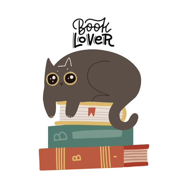 Vector cute funny cat lying on book stack with quote  book lover
