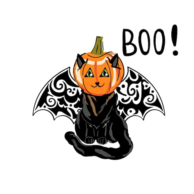 Cute funny cat with pumpkin on head and bat wings Halloween concept