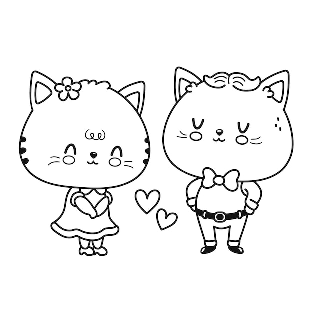 かわいい面白い猫のカップル。ベクトルフラットライン漫画かわいいキャラクターイラストアイコン。白い背景で隔離。塗り絵の孤立したアウトライン漫画イラスト