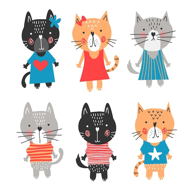 Cute and funny cats doodle vector set Cartoon cat in clothes characters design collection with flat color Set of purebred pet animals isolated on white background EPS