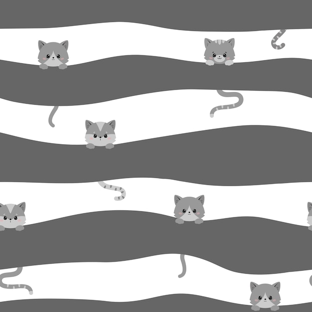 ベクトル ストリップの背景に可愛い面白い猫のシームレスパターン.