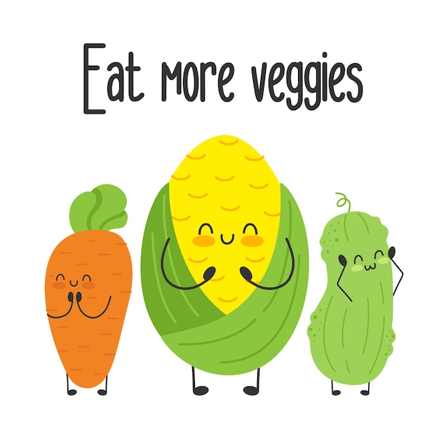 Cute funny characters isolated Vegan slogan motivation Eat veggies plants Healthy lifestyle