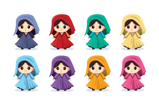 Cute funny chibi girls cartoon in a colored dress little red riding hood a nun large stylized cartoon eyes in anime style