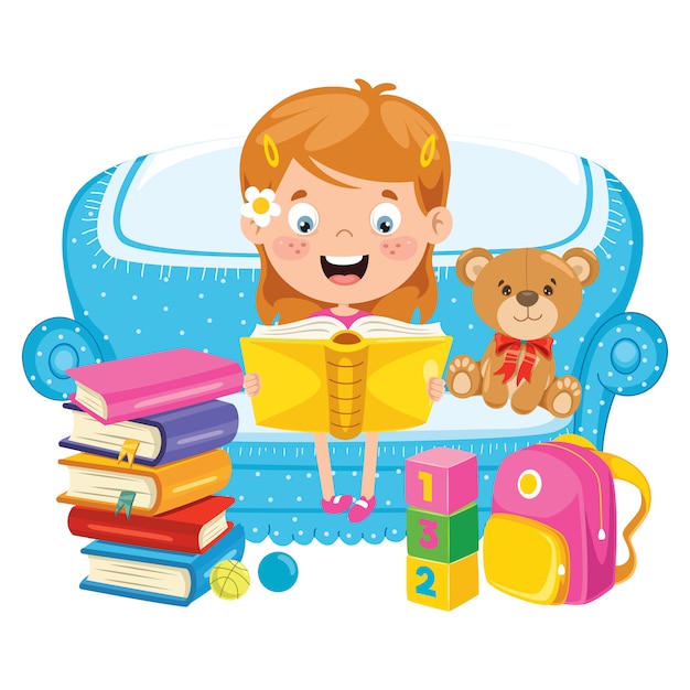 Vector cute funny child reading book