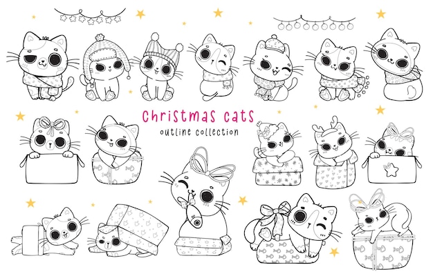 Cute funny Christmas kitten cat outline transparent collection on white background cartoon animal