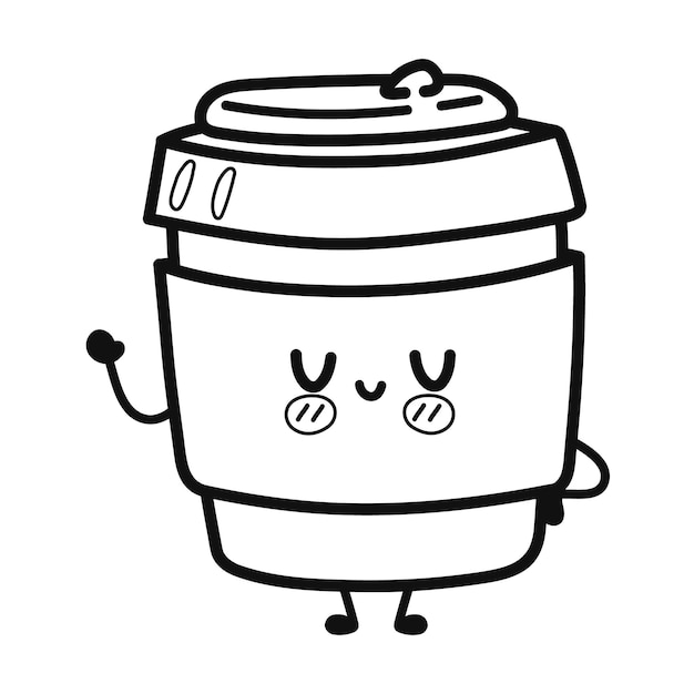 Vector cute funny coffee waving hand character outline cartoon illustration for coloring book