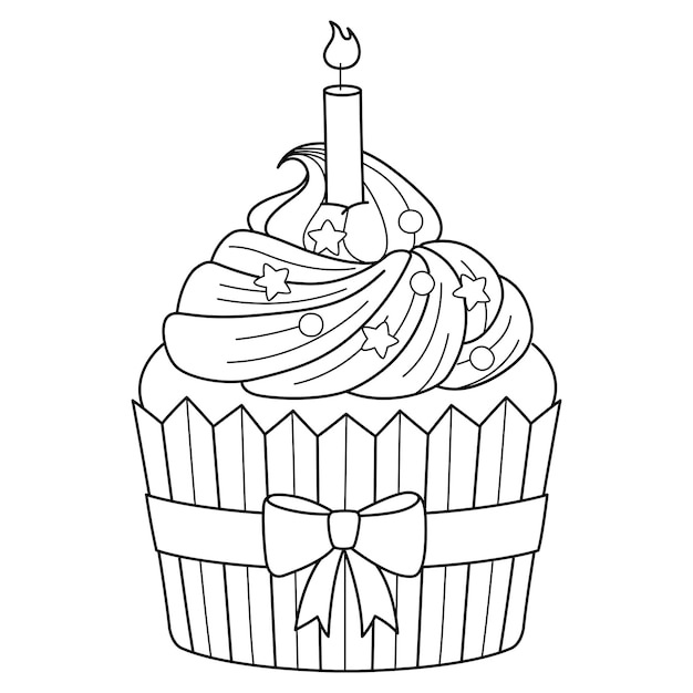 A cute and funny coloring page of Birthday Cupcake with a candle. Provides hours of coloring fun for children. Color, this page is very easy. Suitable for little kids and toddlers.