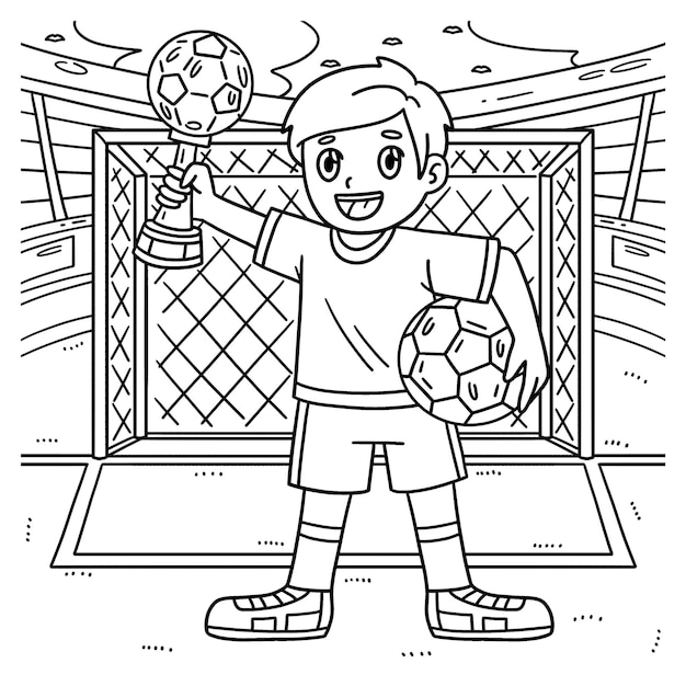 A cute and funny coloring page of a Boy with a Soccer Trophy Provides hours of coloring fun for children To color this page is very easy Suitable for little kids and toddlers