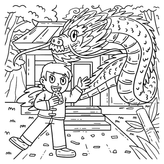 A cute and funny coloring page of a Child and a Dragon Provides hours of coloring fun for children Color this page is very easy Suitable for little kids and toddlers