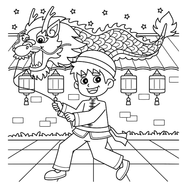 A cute and funny coloring page of a Chinese Boy holding a Dragon Lantern Provides hours of coloring fun for children To color this page is very easy Suitable for little kids and toddlers