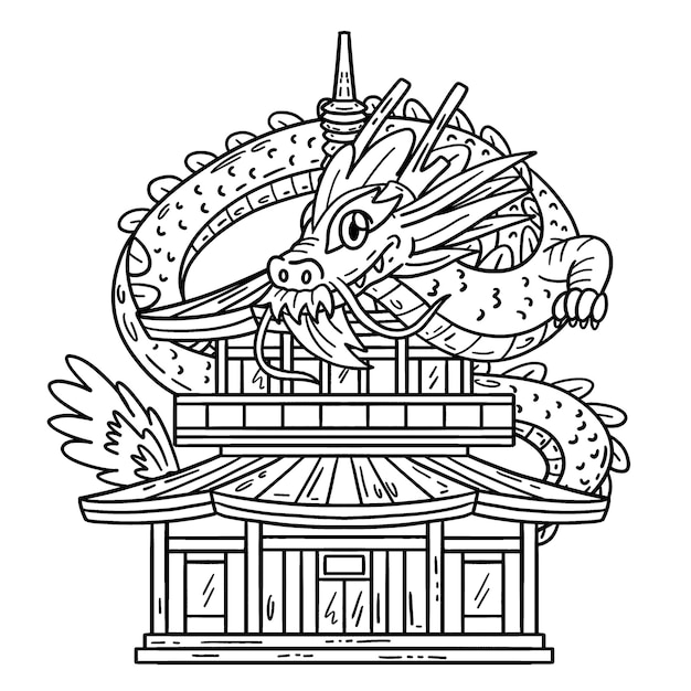 Vector a cute and funny coloring page of a dragon and pagoda provides hours of coloring fun for children color this page is very easy suitable for little kids and toddlers