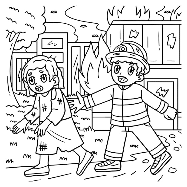 A cute and funny coloring page of a Firefighter escorting a survivor Provides hours of coloring fun for children To color this page is very easy Suitable for little kids and toddlers