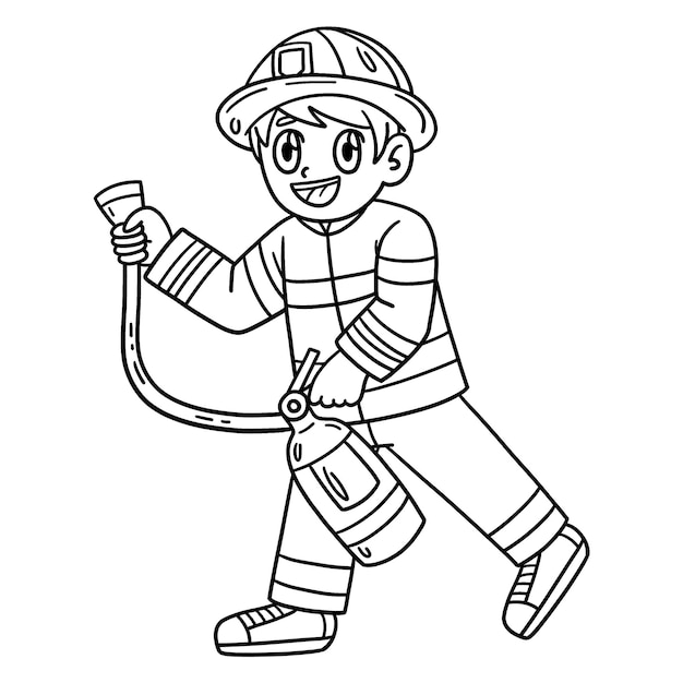 A cute and funny coloring page of a Firefighter with the fire extinguisher Provides hours of coloring fun for children To color this page is very easy Suitable for little kids and toddlers