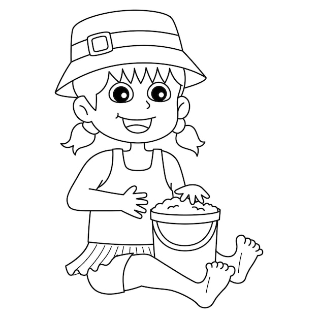 A cute and funny coloring page of a Girl Building a Sandcastle Provides hours of coloring fun for children Color this page is very easy Suitable for little kids and toddlers