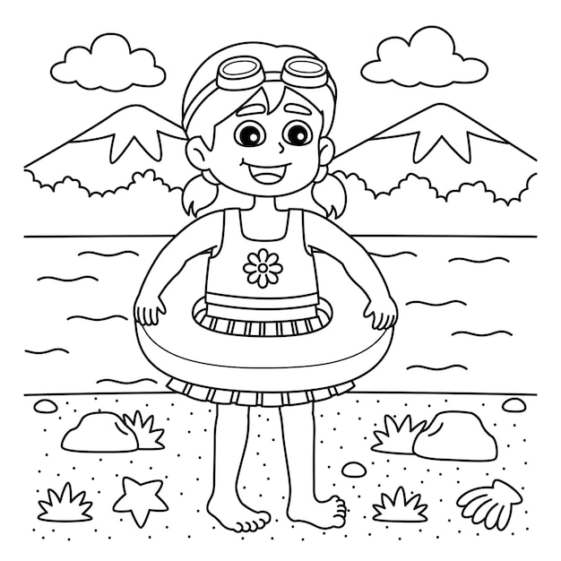 A cute and funny coloring page of a Girl in a Swimsuit Outfit Provides hours of coloring fun for children Color this page is very easy Suitable for little kids and toddlers