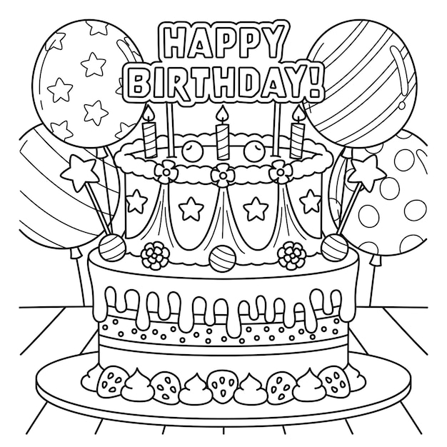 A cute and funny coloring page of a Happy Birthday Cake. Provides hours of coloring fun for children. Color, this page is very easy. Suitable for little kids and toddlers.